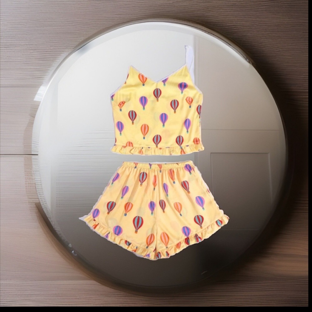 Satin Yellow Balloon With Ruffle Trim Spag. Straps Cami Top & Short Pajamas Set